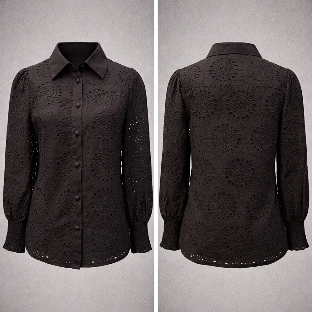 NWT PrettyGarden Black Eyelet Embroidery Button Down Puff Sleeve sm - Picture 2 of 8